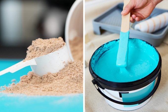 side by side of sand and blue paint